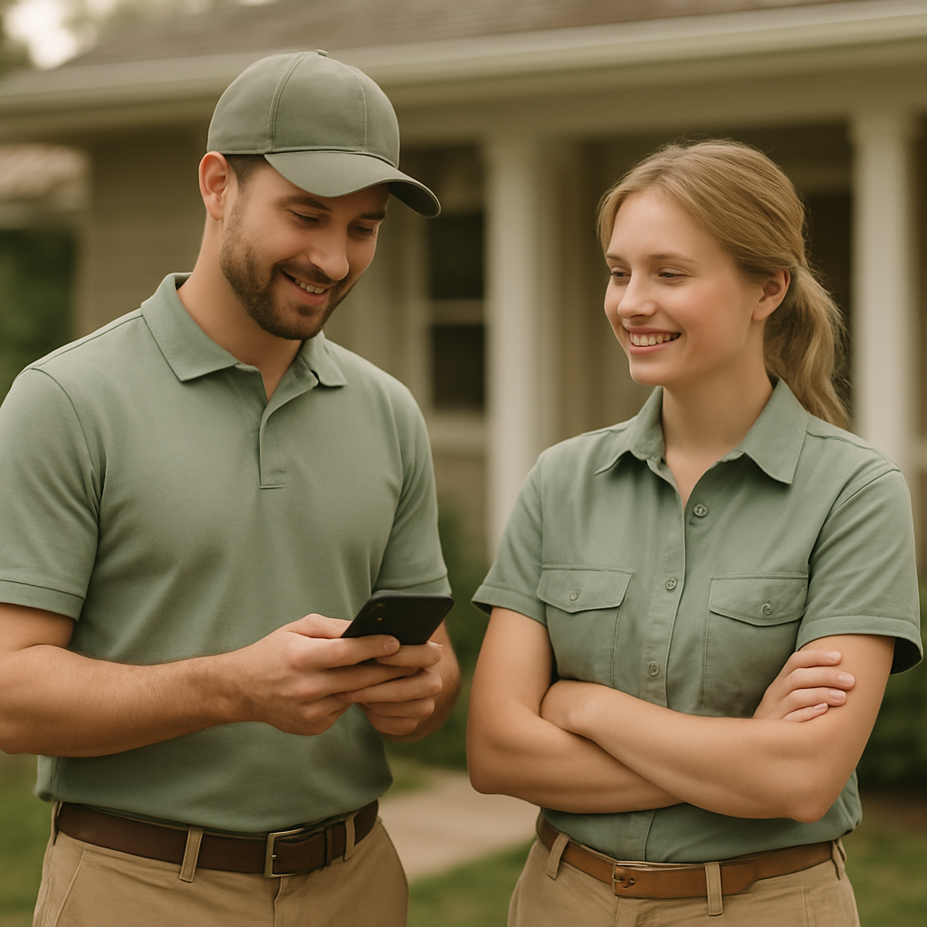 A small field service crew checking their schedule outside a customer's home