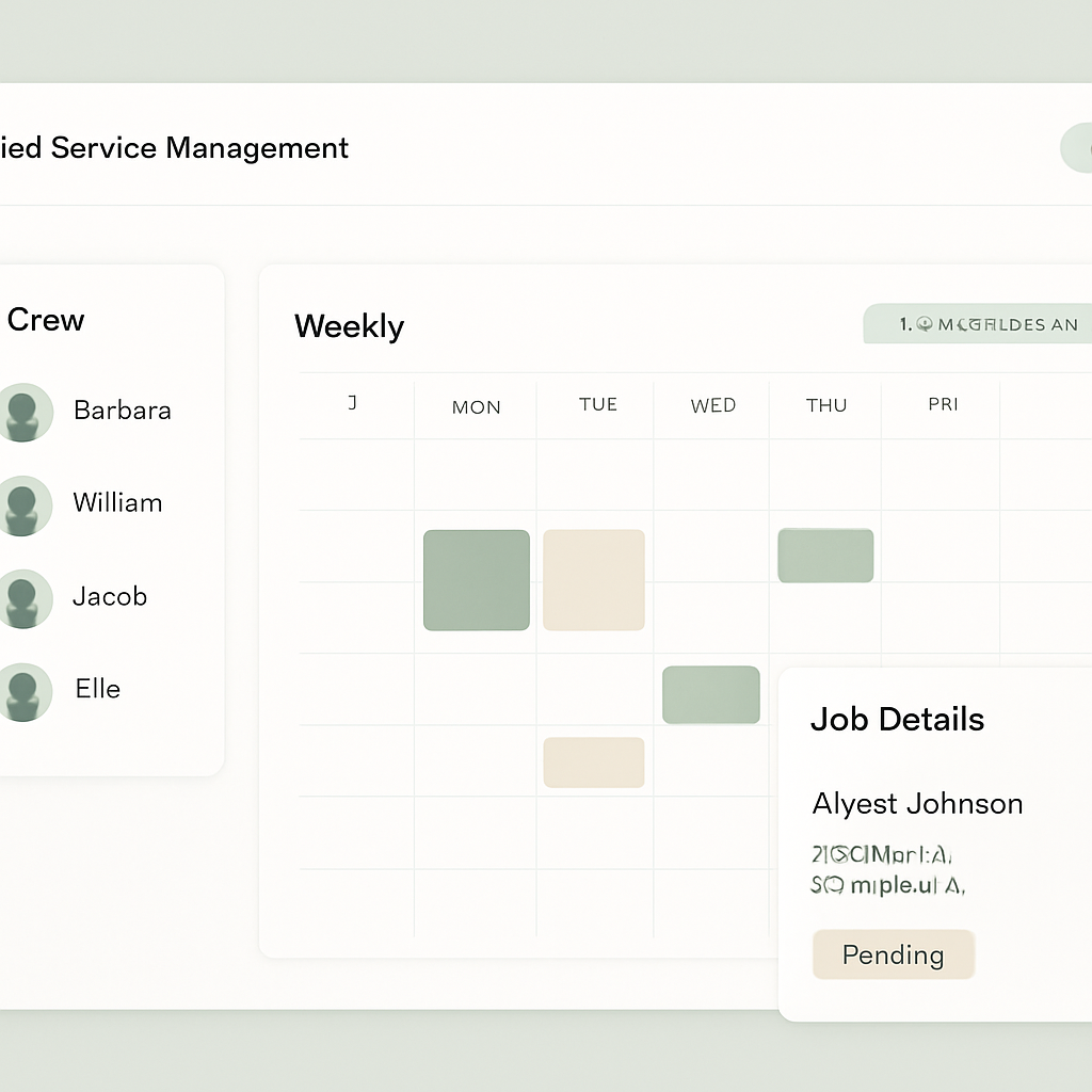 ZenTask scheduling dashboard showing a weekly calendar, crew assignments, and job details