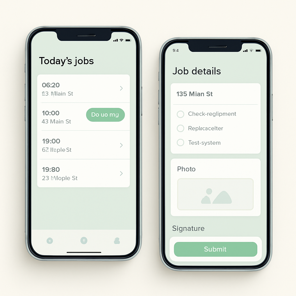 ZenTask crew mobile app shown on two phones — a daily job list and a job detail screen